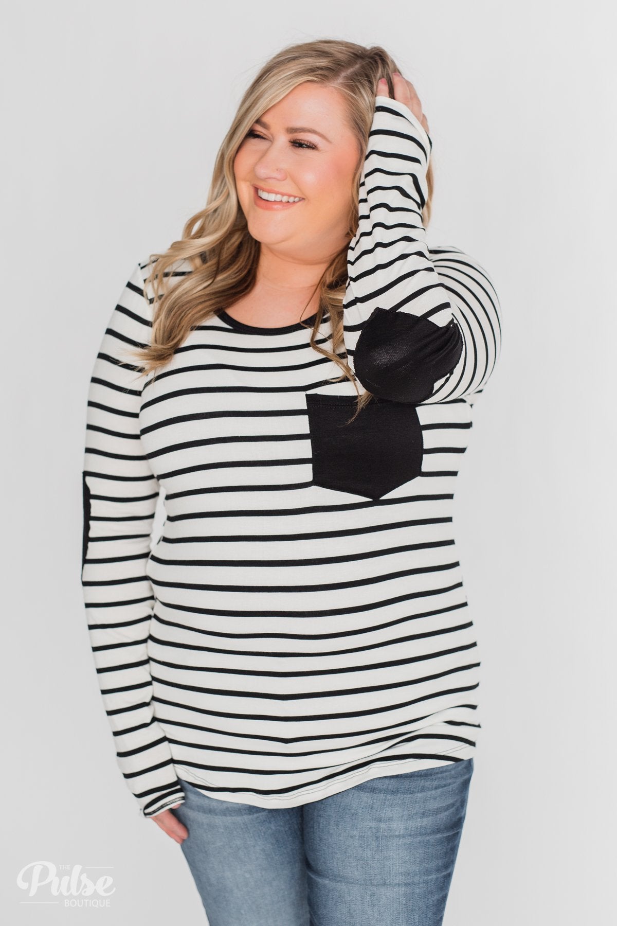 Forever Mine Heart Elbow Patch Top - Black & Ivory
