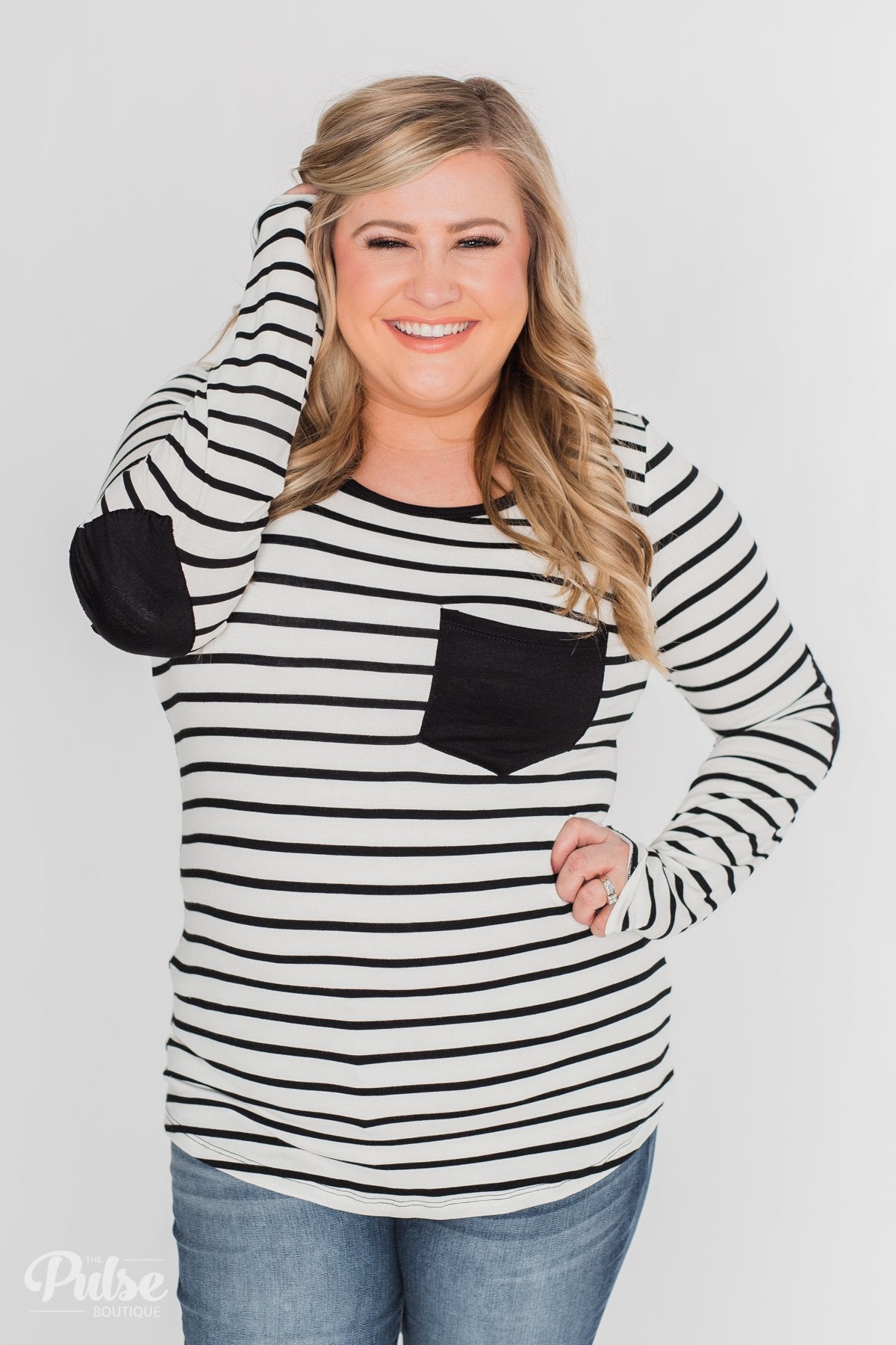 Forever Mine Heart Elbow Patch Top - Black & Ivory