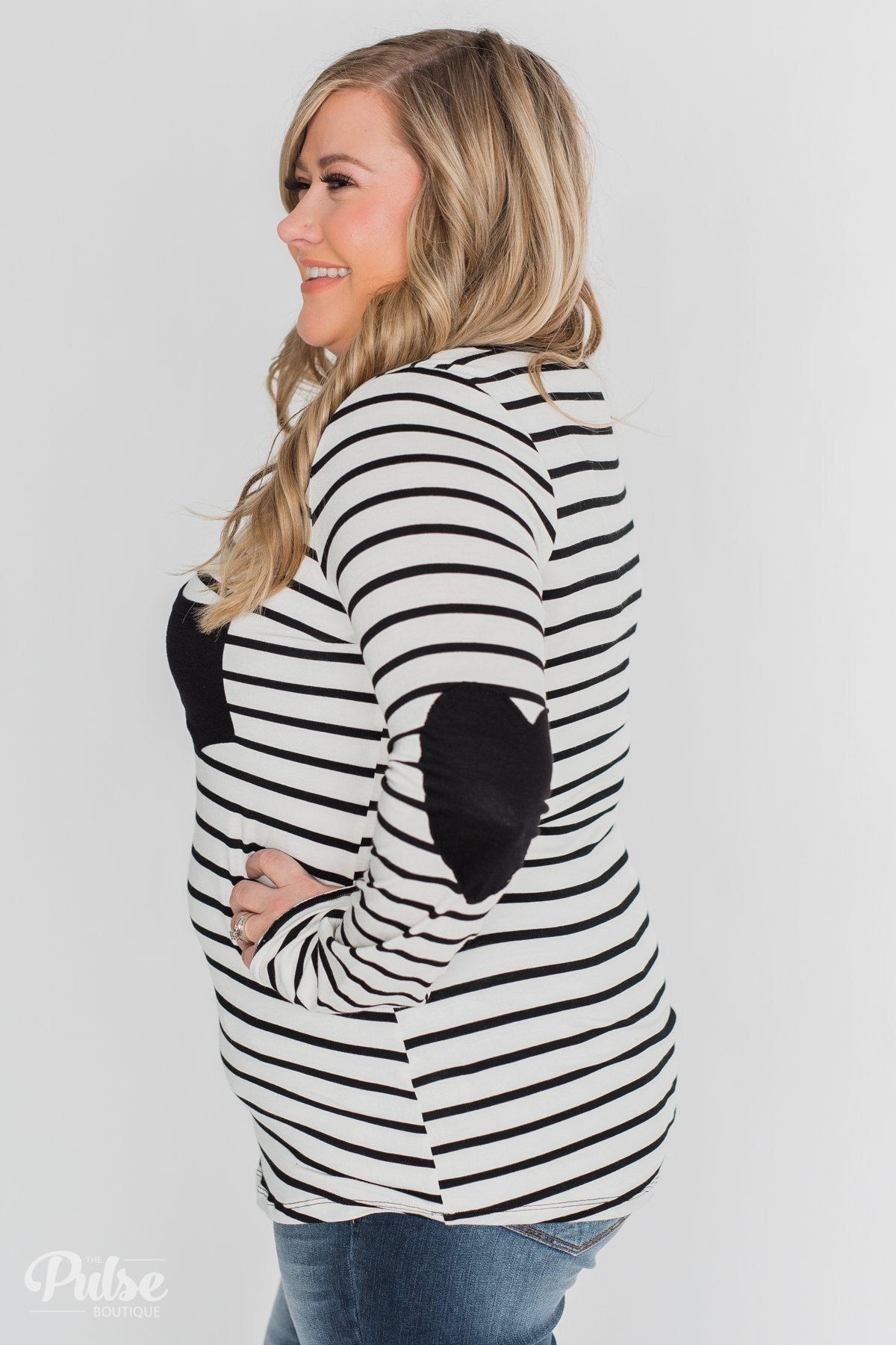Forever Mine Heart Elbow Patch Top - Black & Ivory