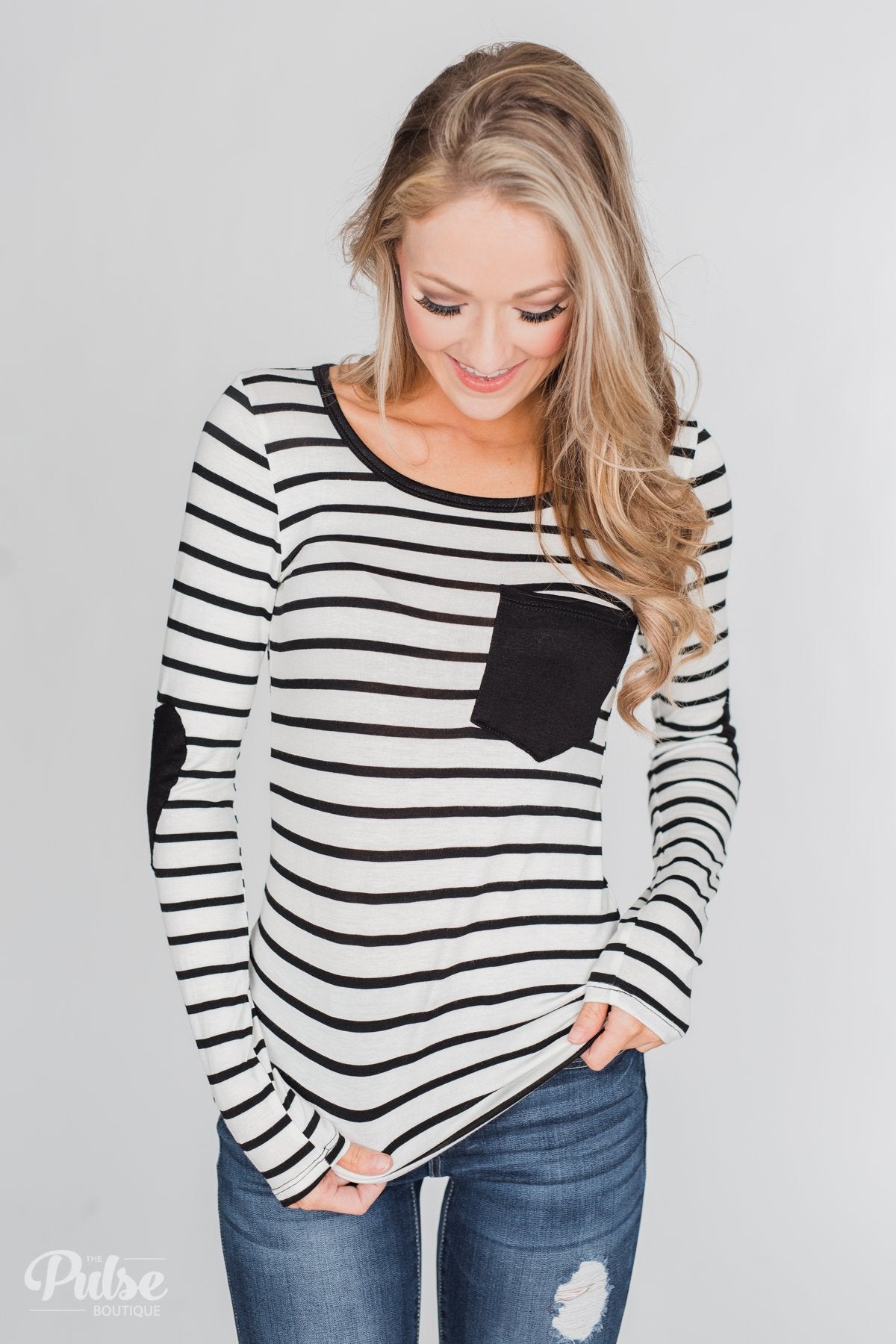 Forever Mine Heart Elbow Patch Top - Black & Ivory