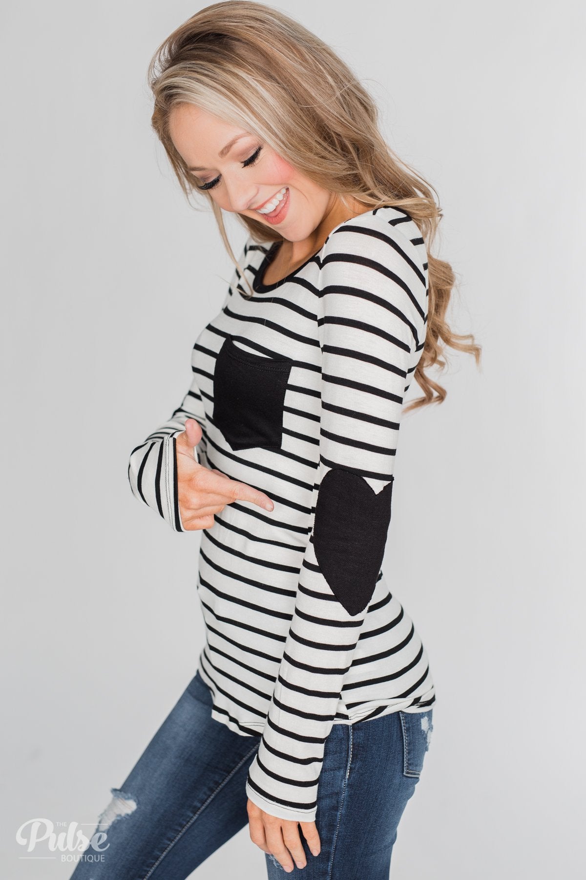 Forever Mine Heart Elbow Patch Top - Black & Ivory