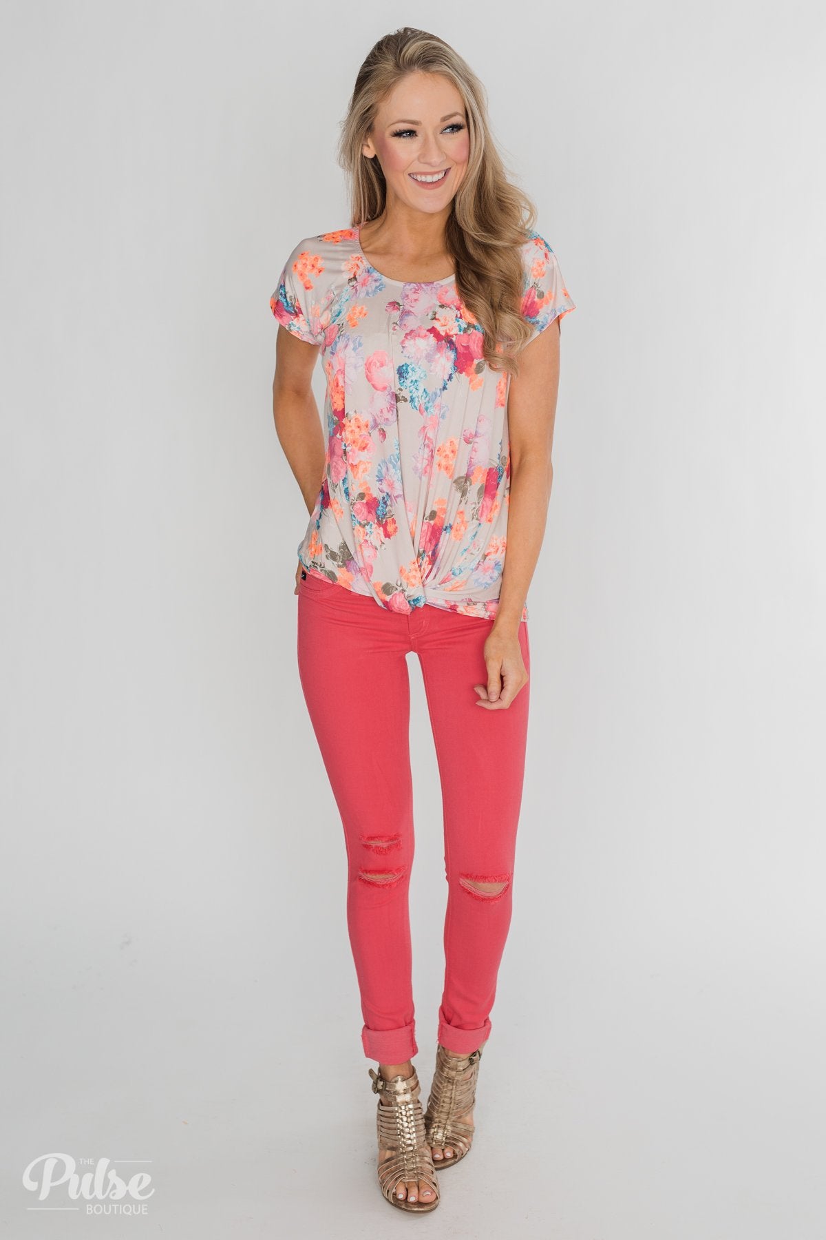 Coral Floral Knot Top- Nude