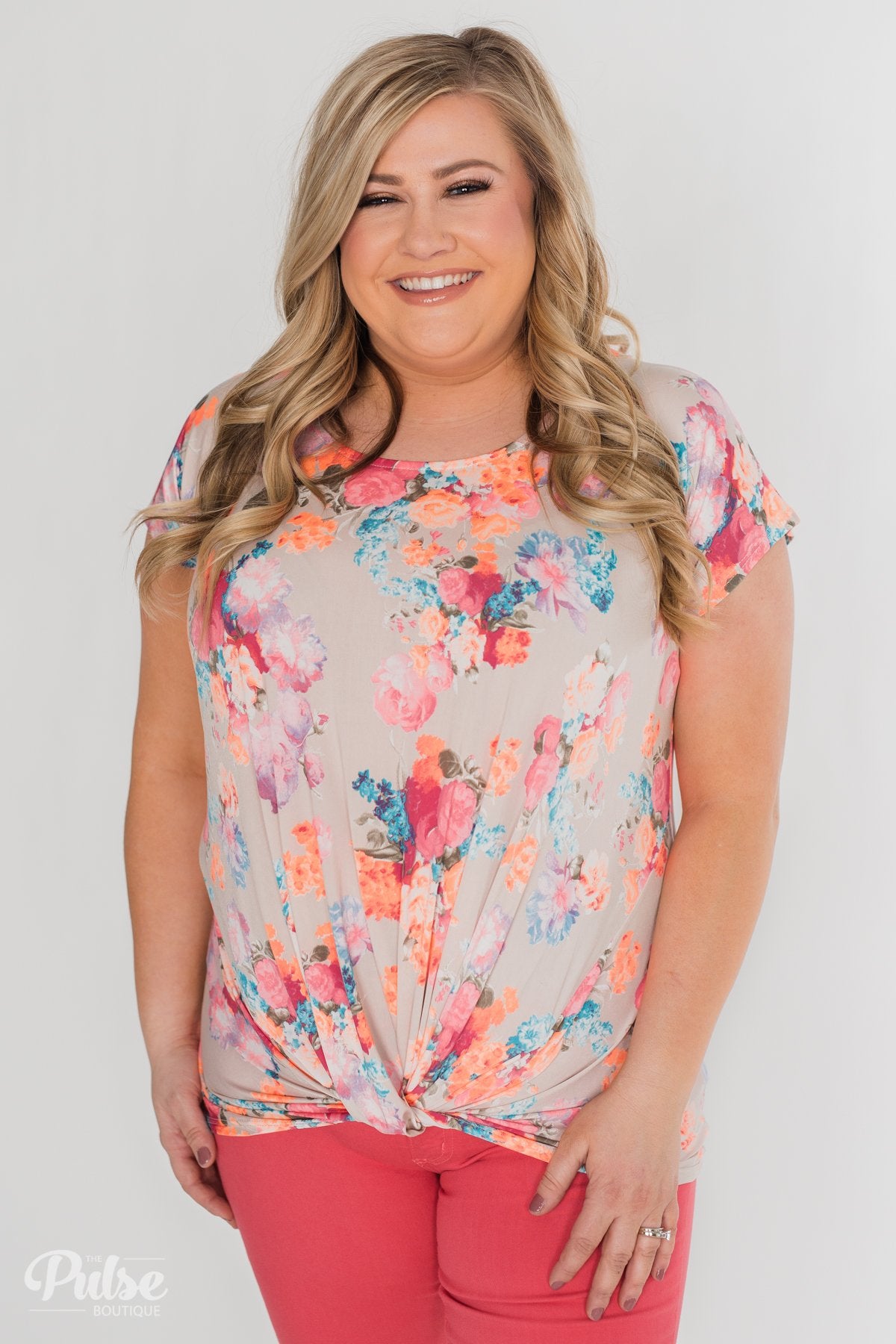 Coral Floral Knot Top- Nude