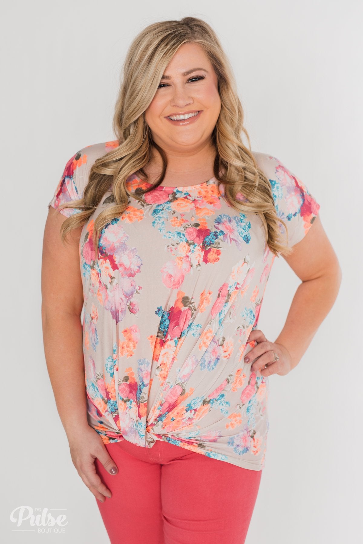 Coral Floral Knot Top- Nude