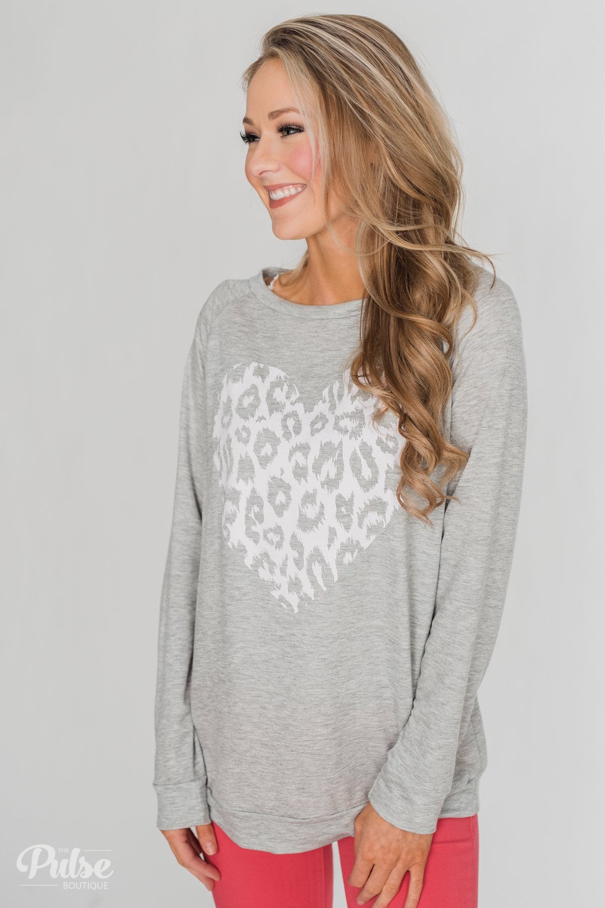 Leopard Has My Heart Pullover Top- Heather Grey