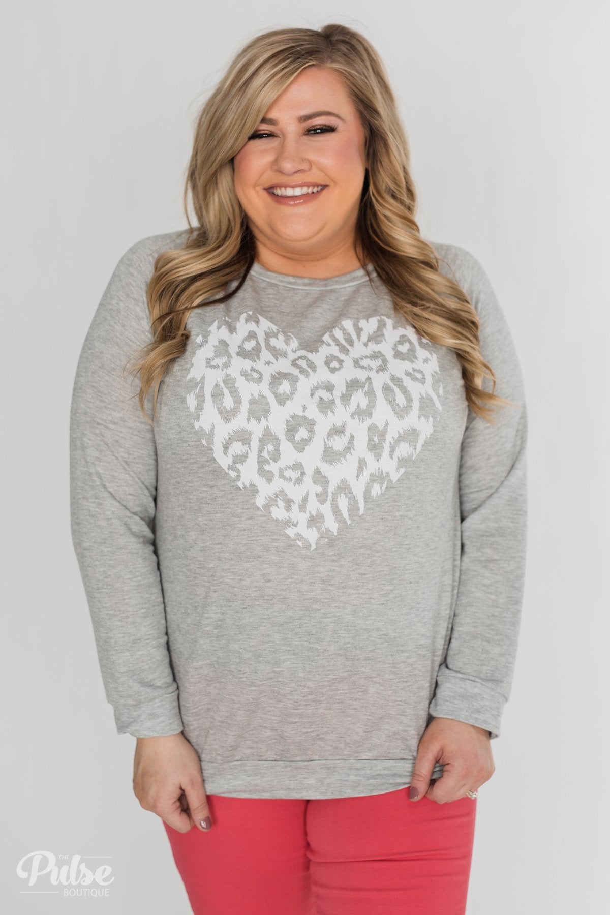 Leopard Has My Heart Pullover Top- Heather Grey