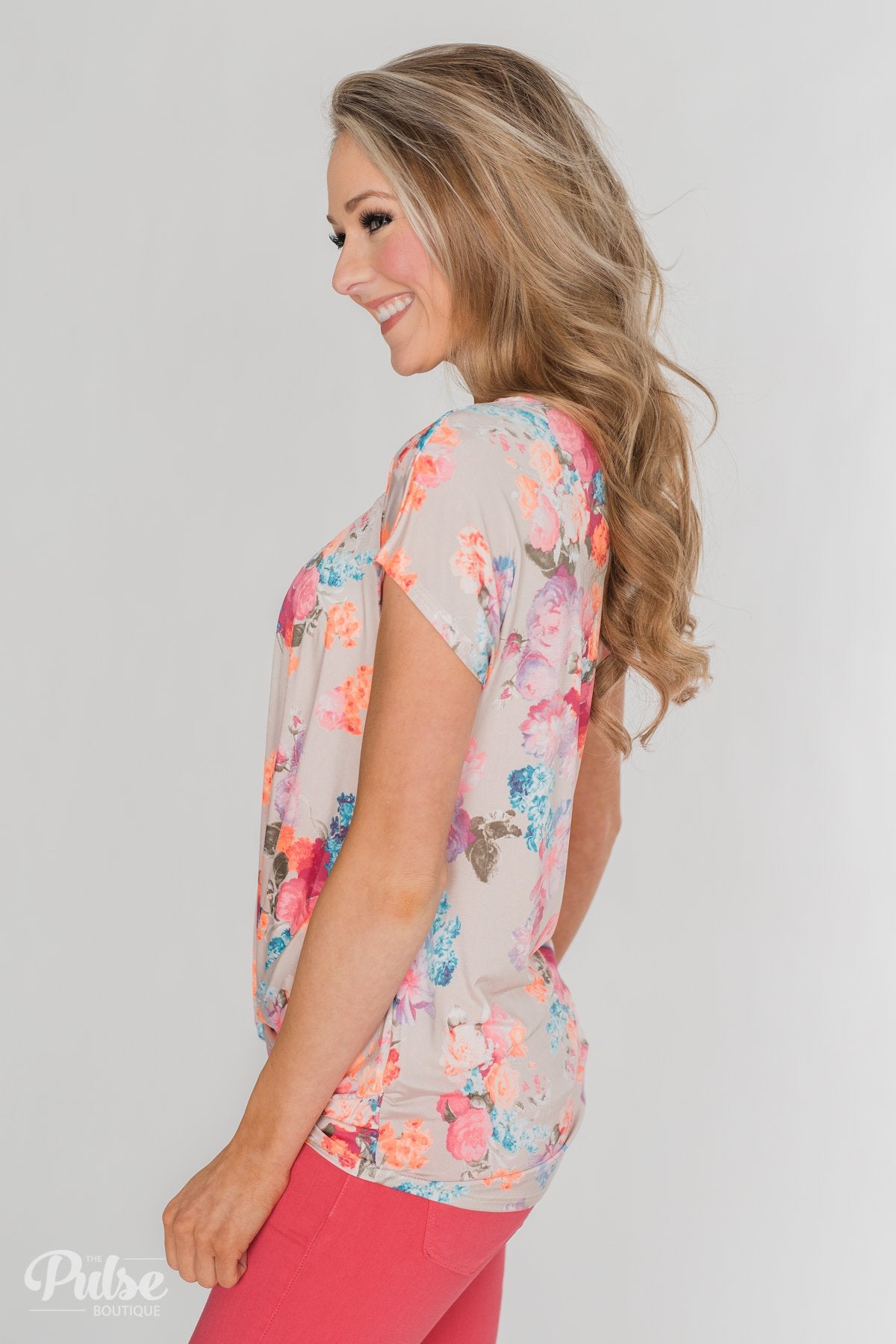 Coral Floral Knot Top- Nude