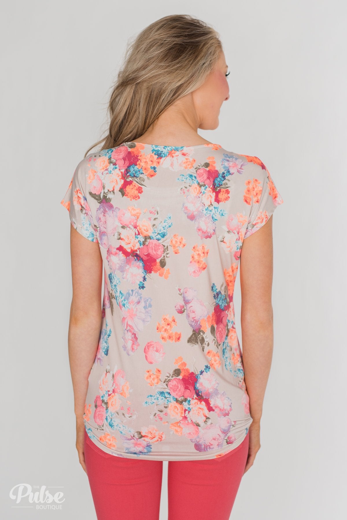 Coral Floral Knot Top- Nude