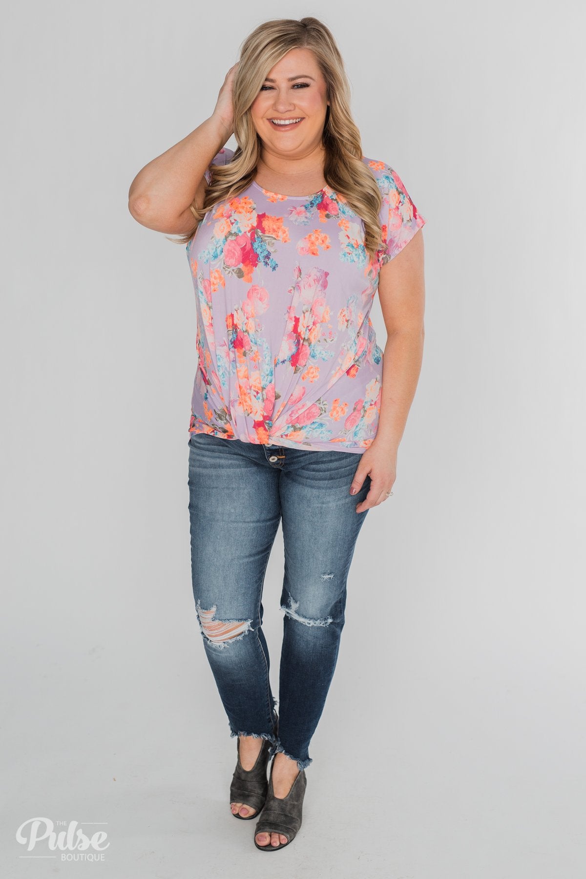 Coral Floral Knot Top- Lilac
