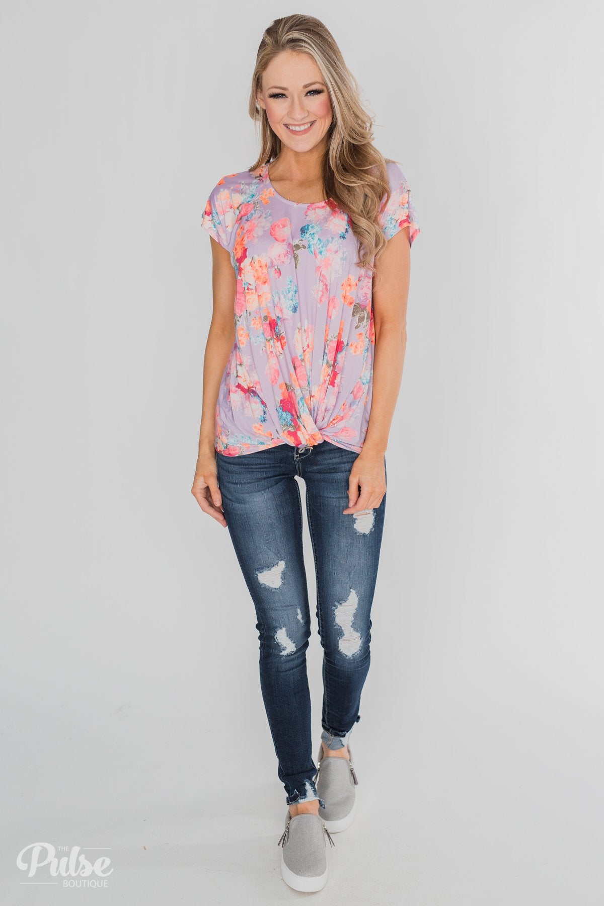 Coral Floral Knot Top- Lilac