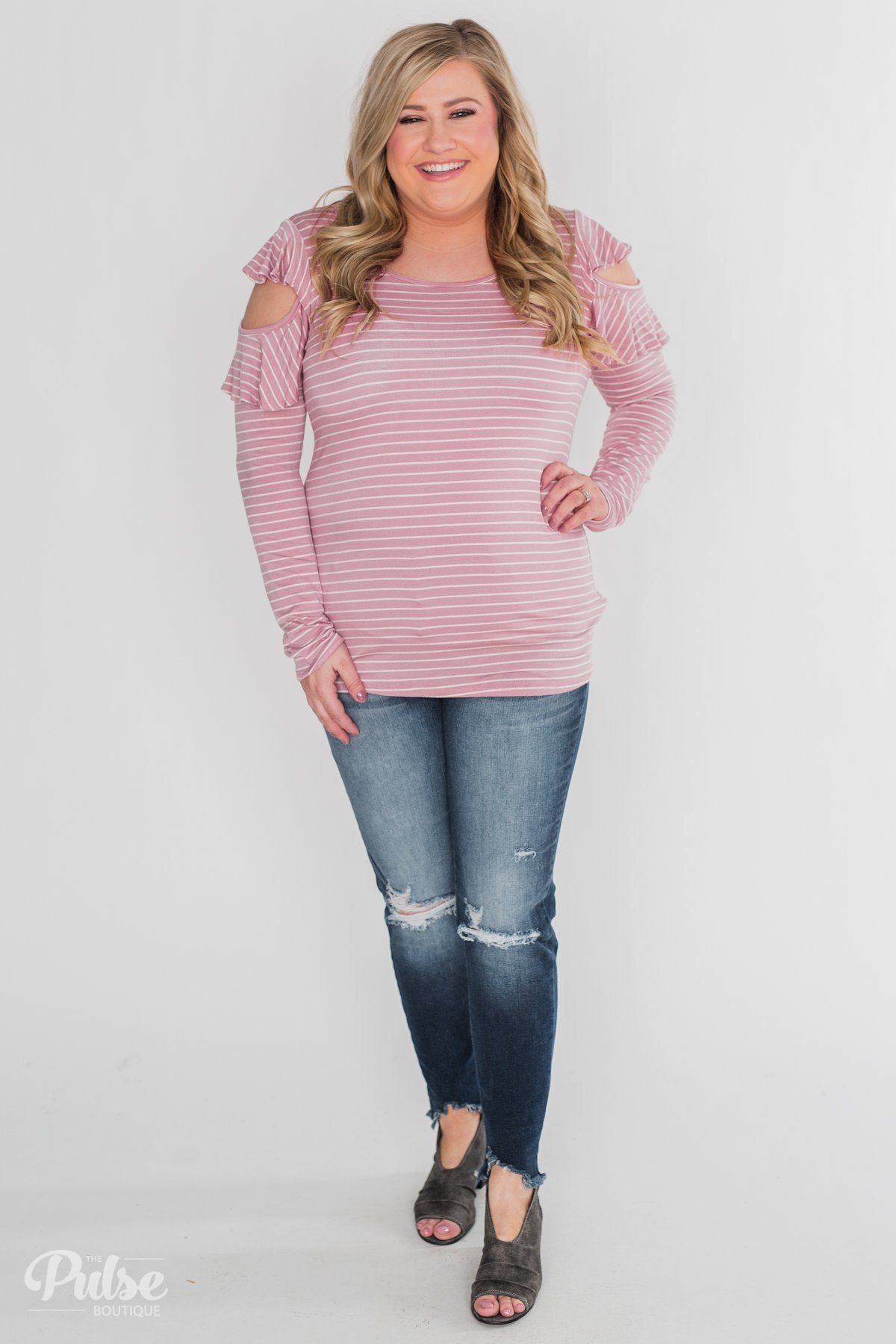 Striped Cold Shoulder Ruffle Top- Dusty Pink