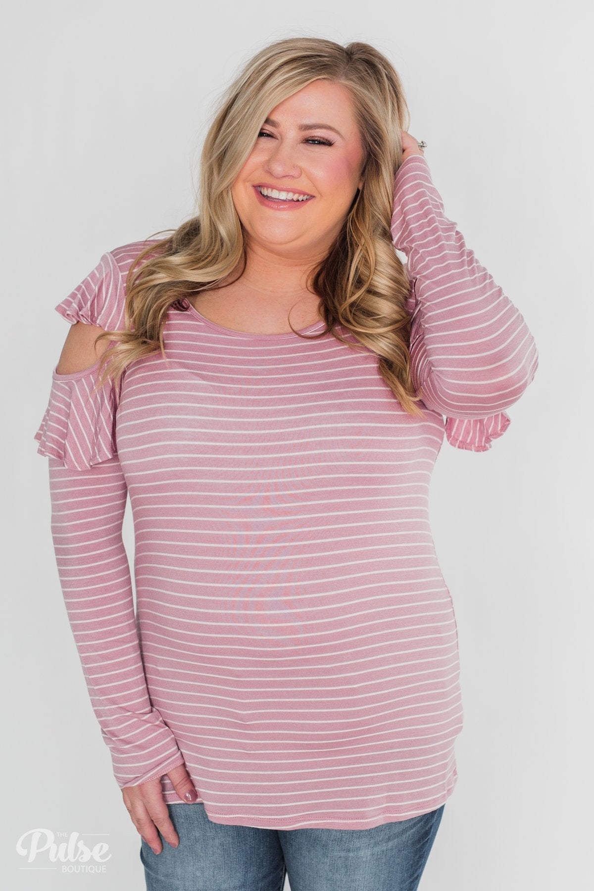 Striped Cold Shoulder Ruffle Top- Dusty Pink