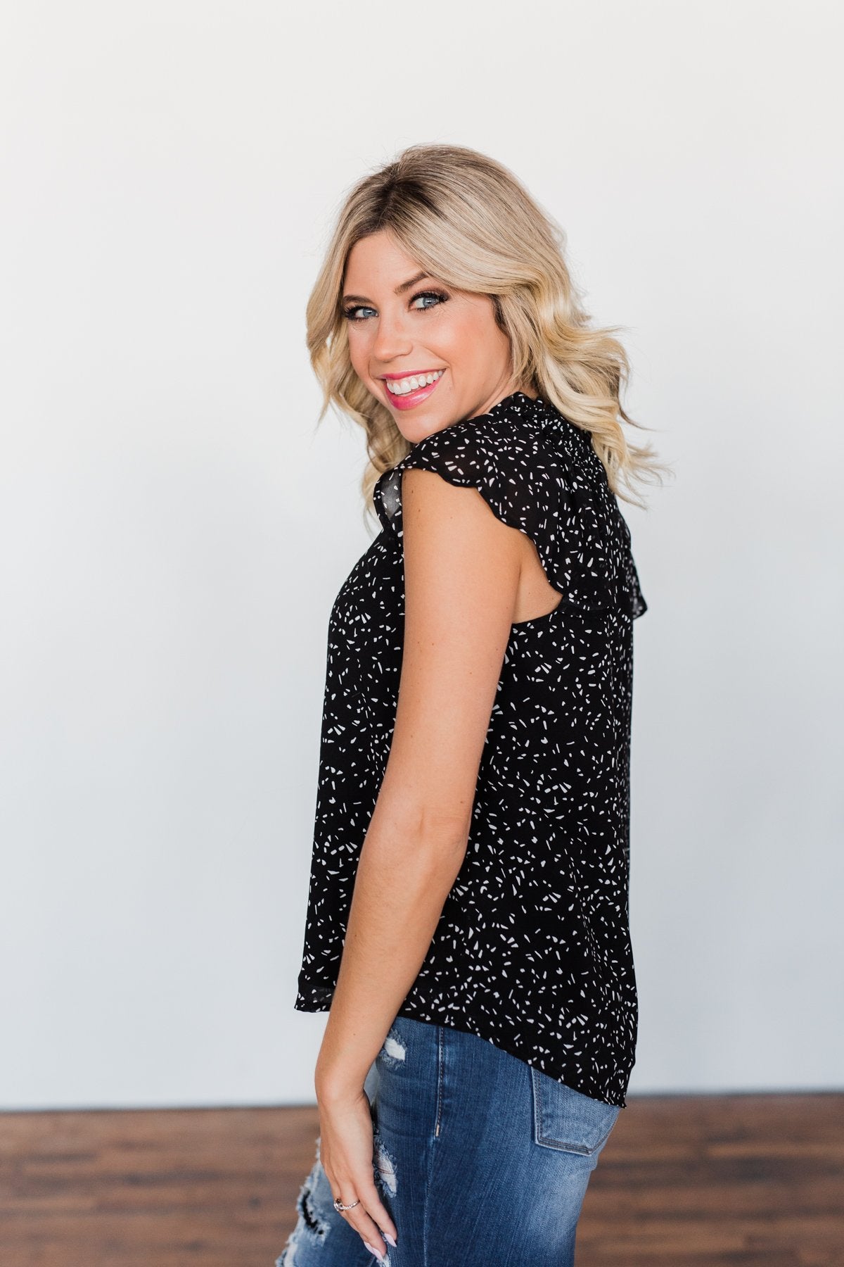 Give It A Go Ruffle Sleeve Top- Black & Ivory