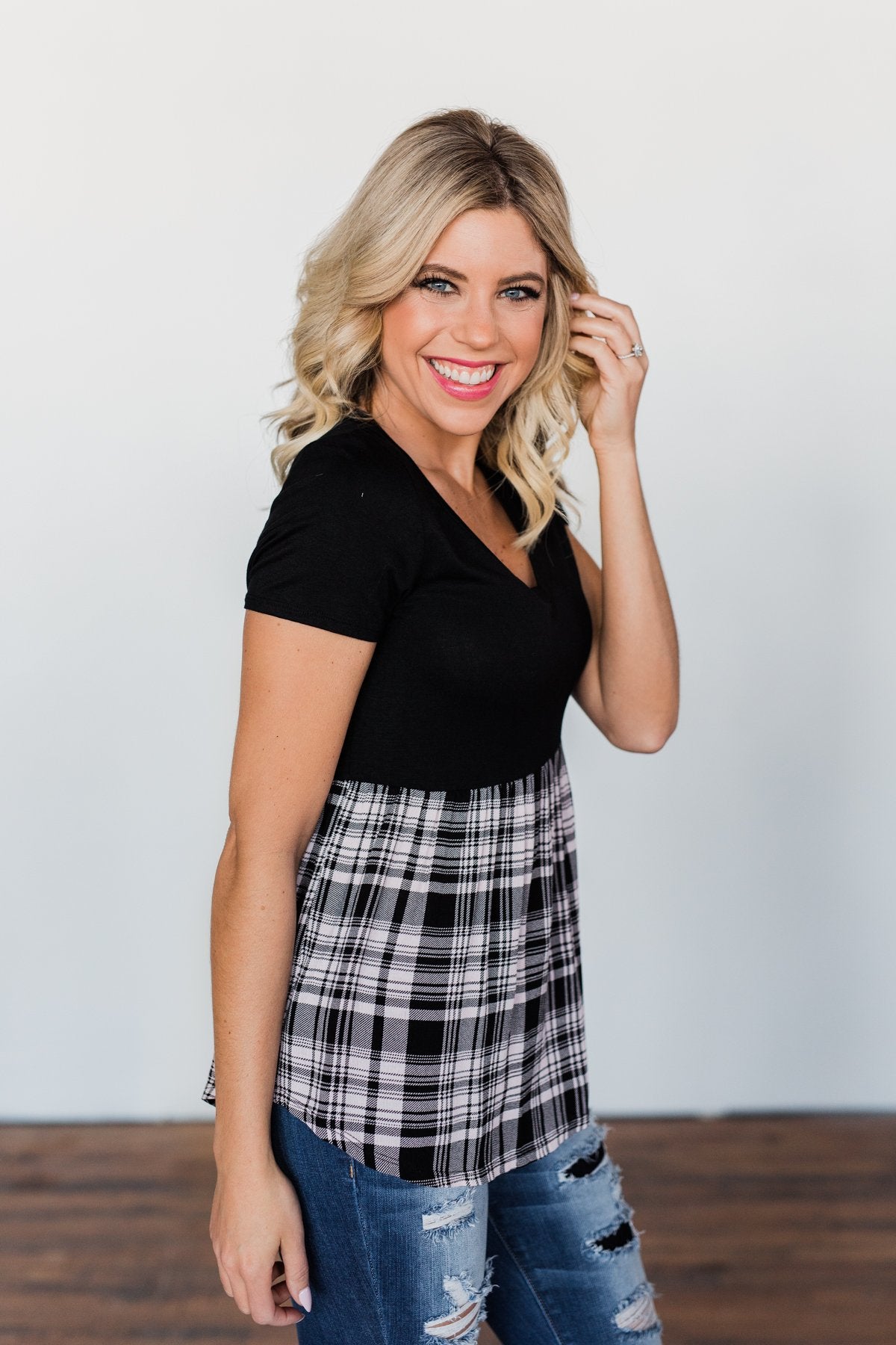 Let Me Tell You Plaid BabyDoll Top- Black