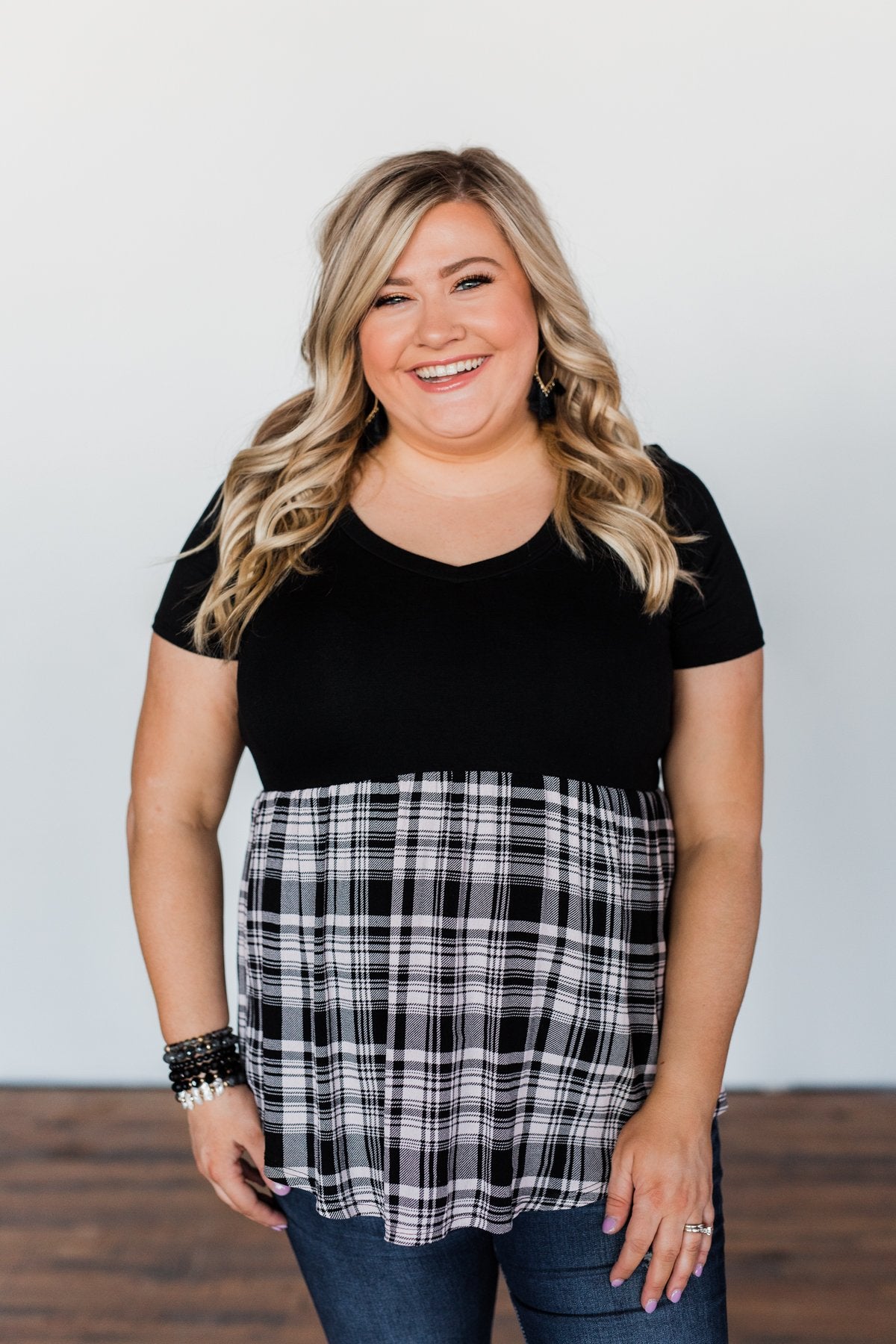 Let Me Tell You Plaid BabyDoll Top- Black