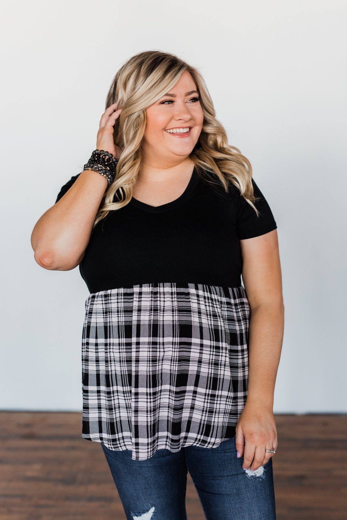 Let Me Tell You Plaid BabyDoll Top- Black