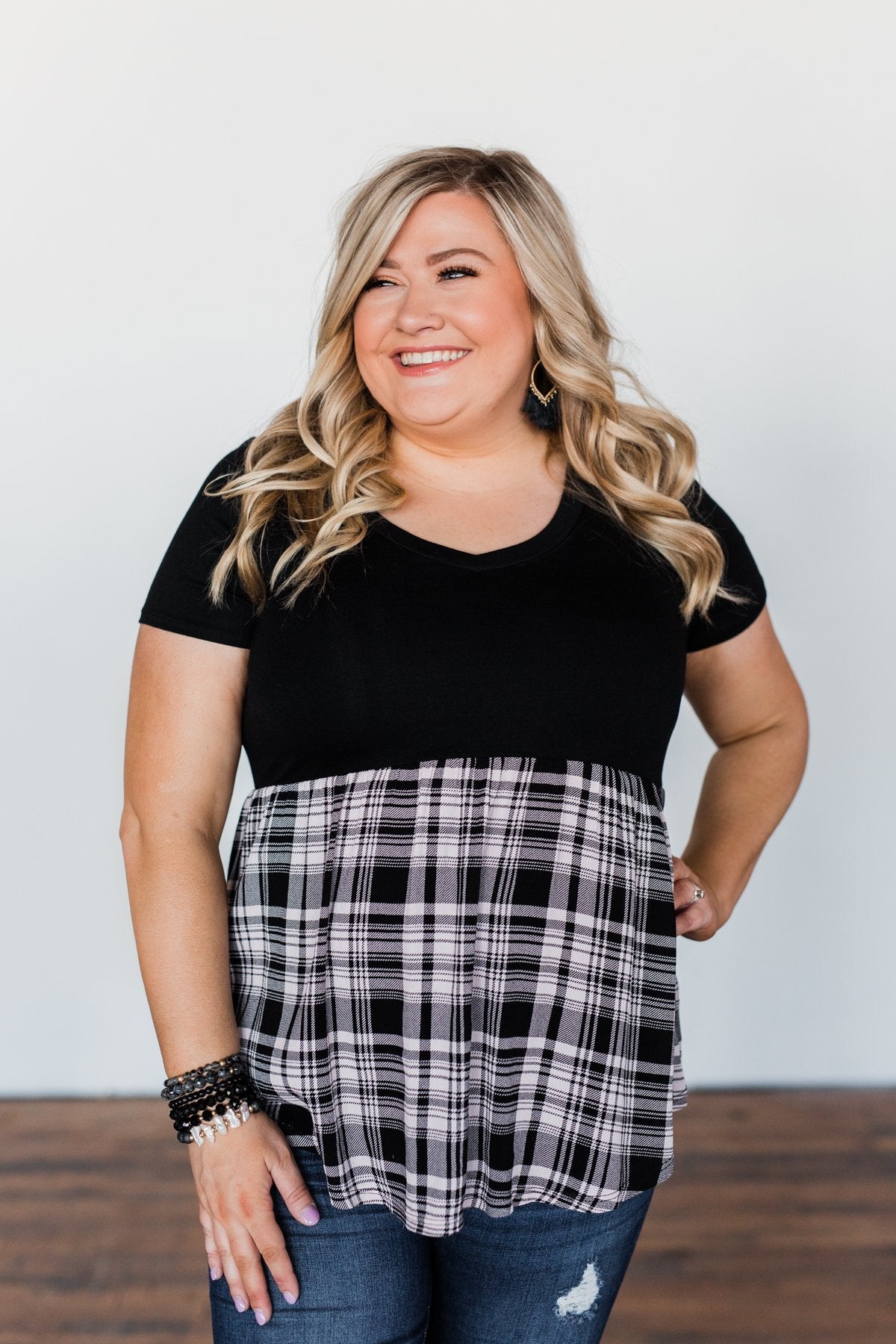 Let Me Tell You Plaid BabyDoll Top- Black
