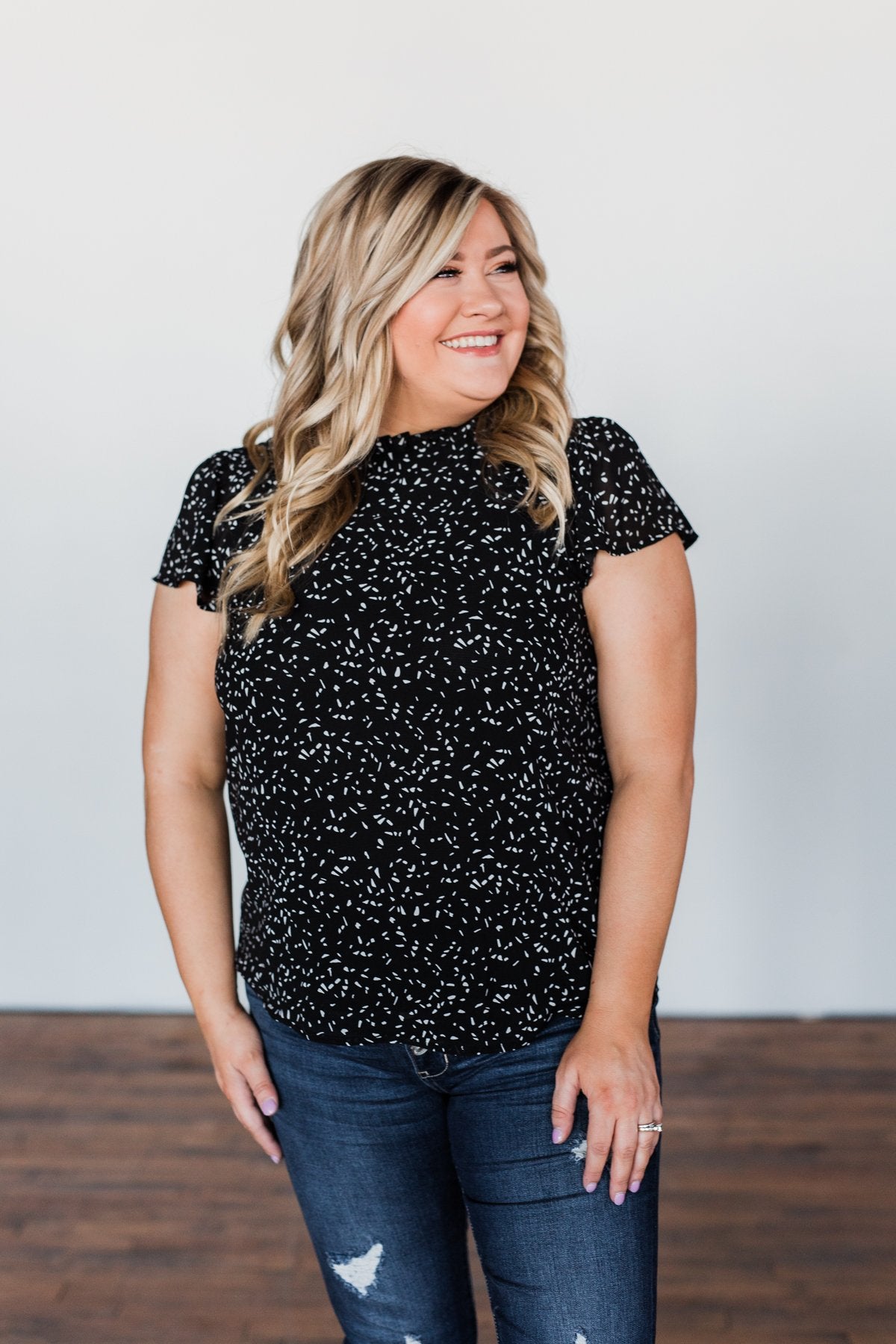 Give It A Go Ruffle Sleeve Top- Black & Ivory