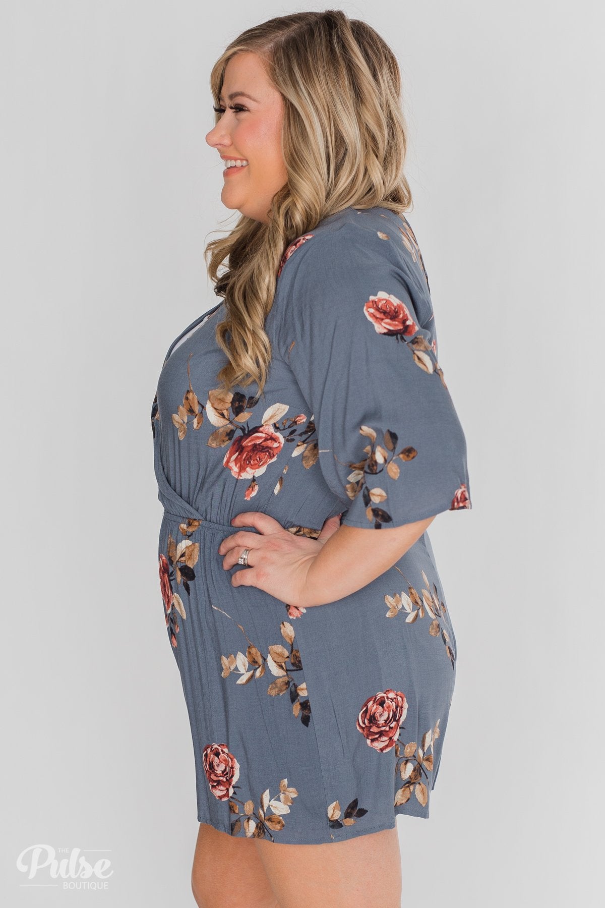 Bloom Where You're Planted Floral Romper - Steel Blue