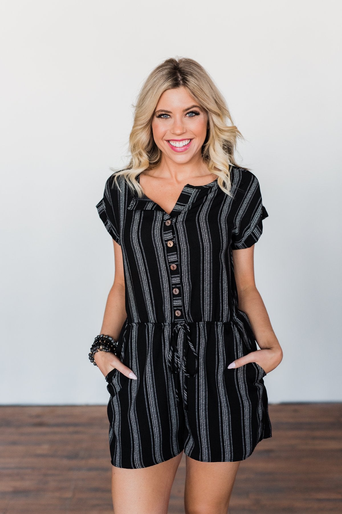 Remember These Moments Button Romper- Black