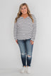 Need You Now 5-Button Henley Top- Black & White Striped