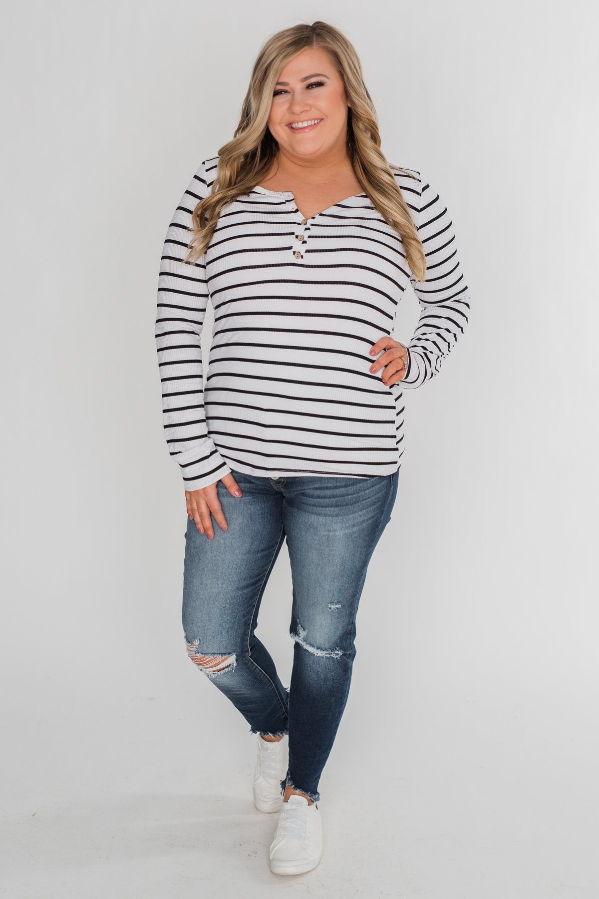 Need You Now 5-Button Henley Top- Black & White Striped