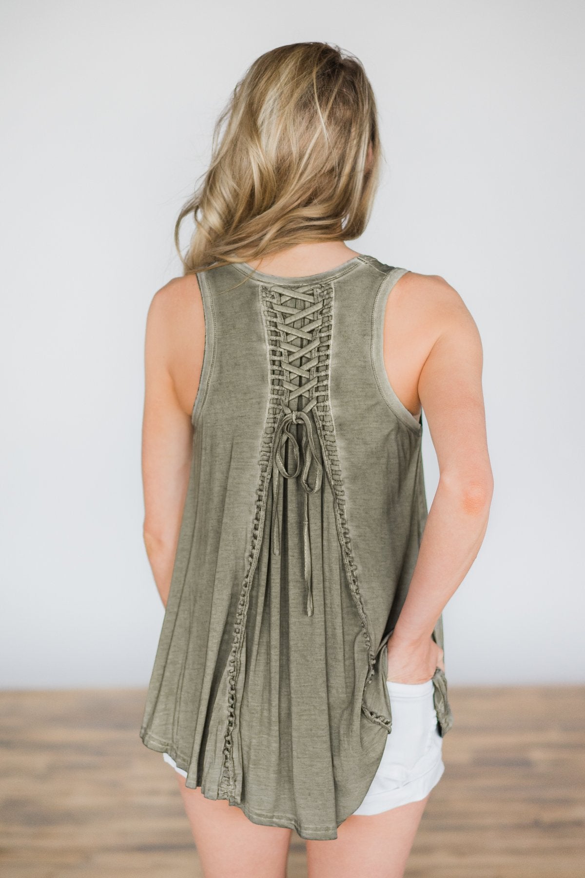 Olive Lace Up Back Tank Top