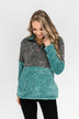Adjustable Band Color Block Sherpa- Charcoal & Turquoise