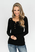 Lace Back 5-Button Henley Top- Black