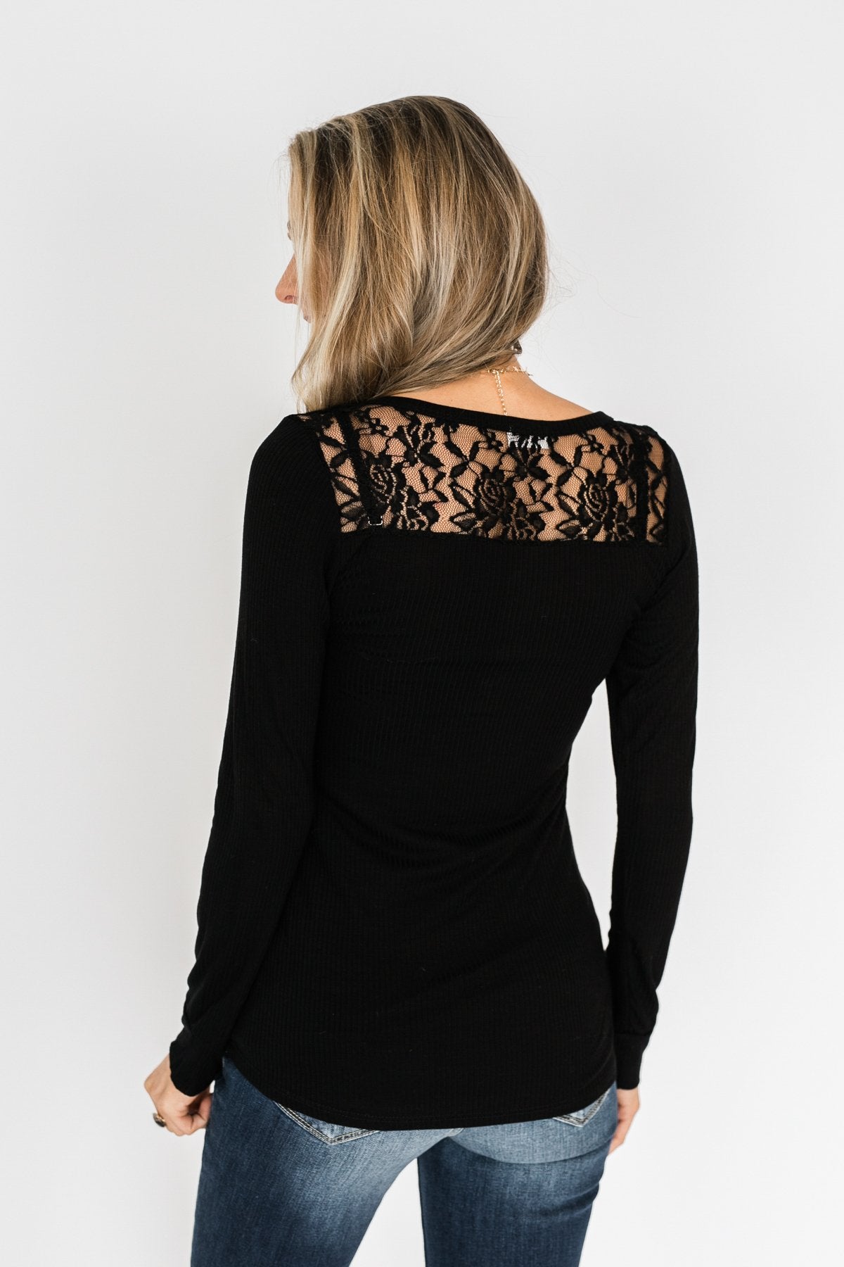 Lace Back 5-Button Henley Top- Black