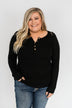 Lace Back 5-Button Henley Top- Black