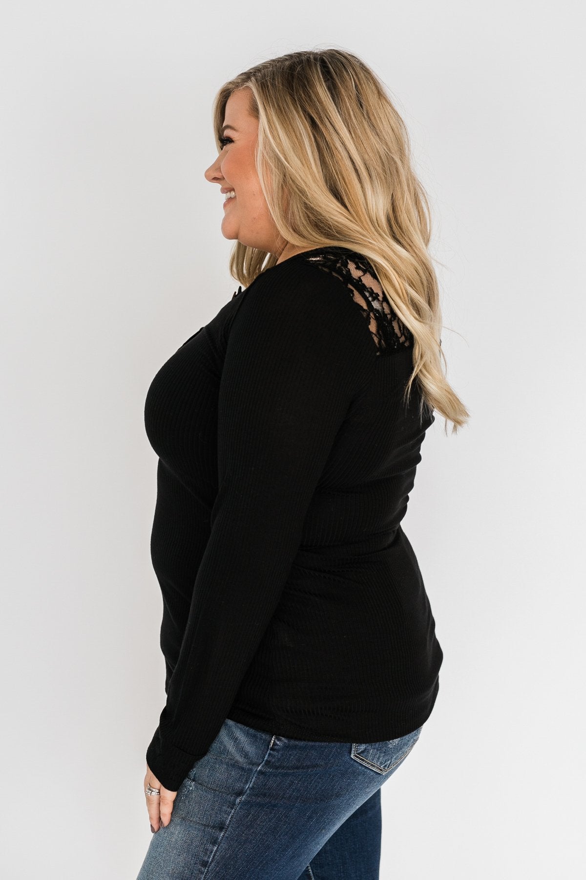 Lace Back 5-Button Henley Top- Black
