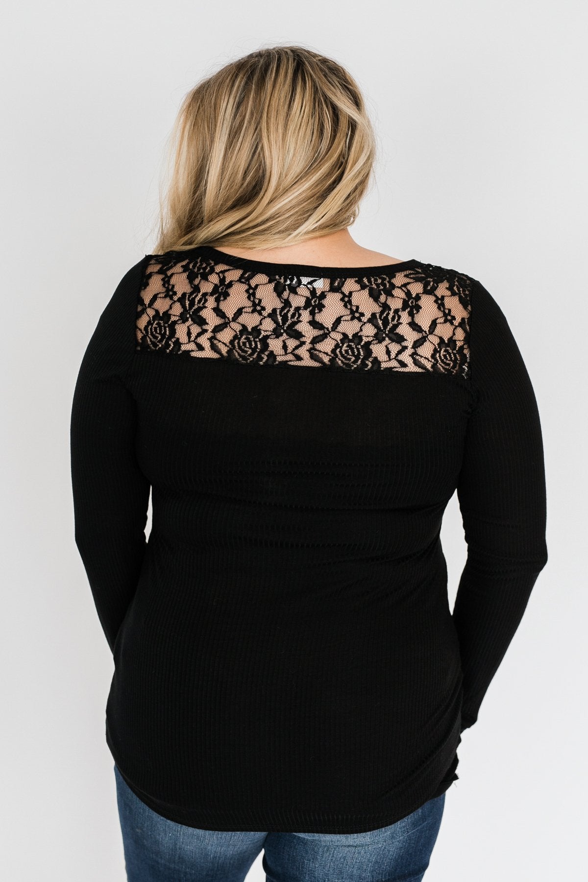 Lace Back 5-Button Henley Top- Black