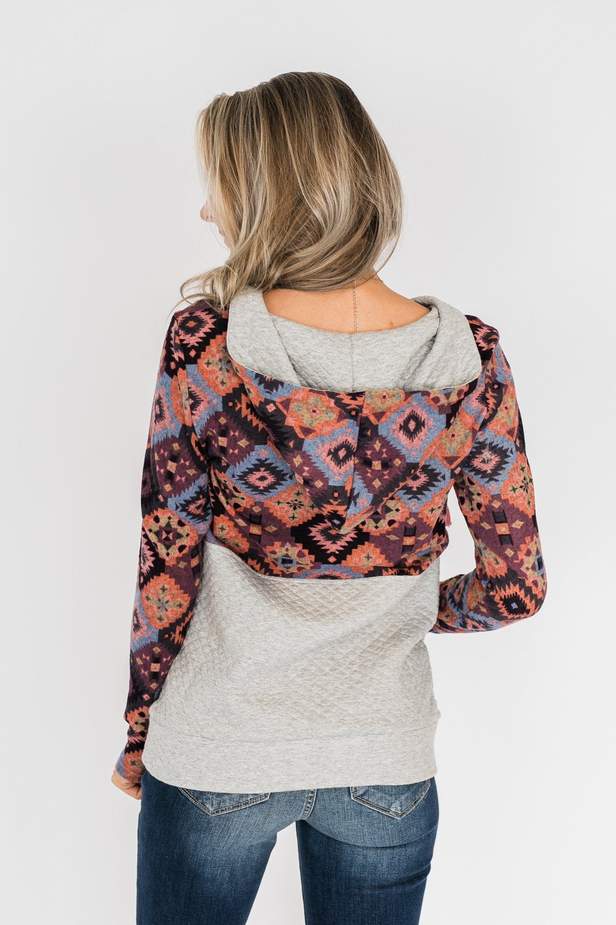 Aztec Quilted Drawstring Hoodie- Grey, Pink, & Purple Tones
