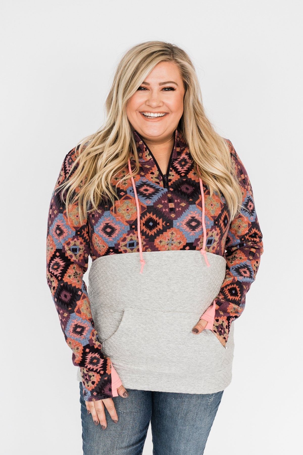 Aztec Quilted Drawstring Hoodie- Grey, Pink, & Purple Tones