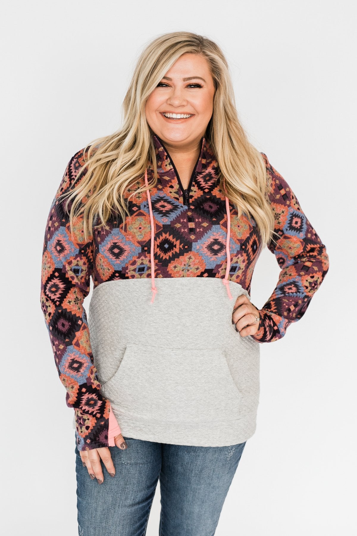 Aztec Quilted Drawstring Hoodie- Grey, Pink, & Purple Tones