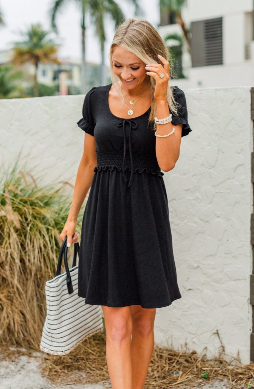 Sincere Smiles Smocked Knit Dress- Black