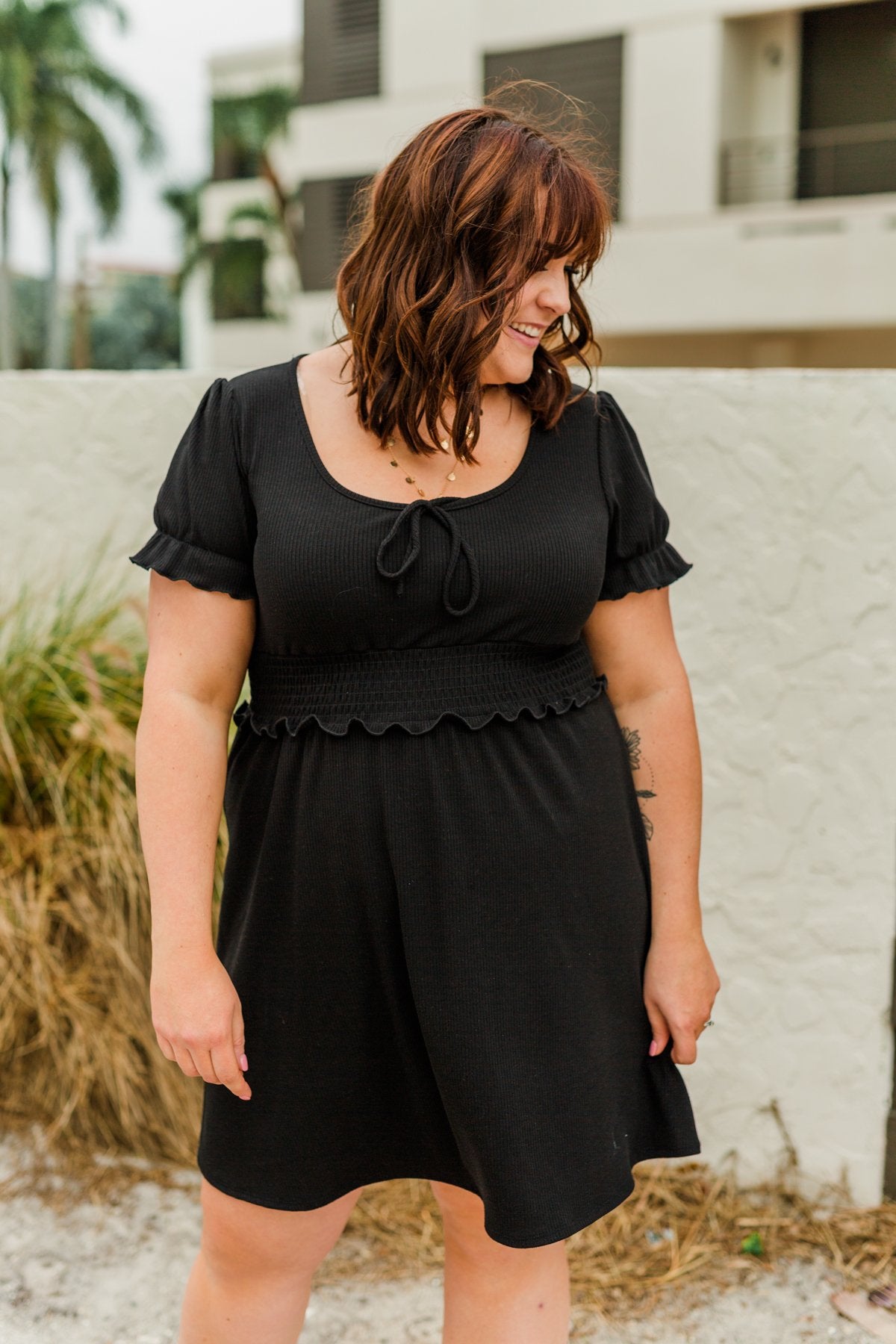 Sincere Smiles Smocked Knit Dress- Black