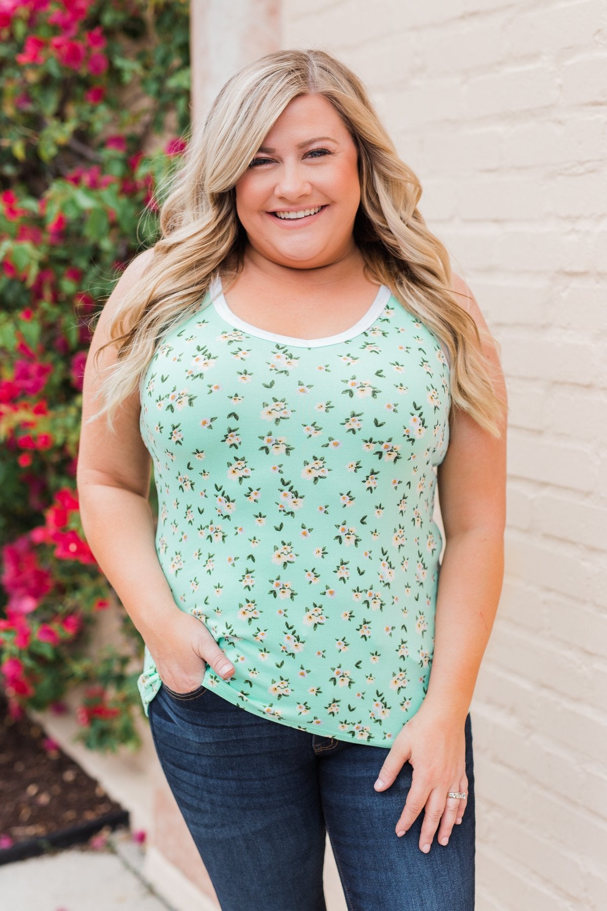 Walk Through The Wildflowers V-Neck Tank Top- Mint Blue