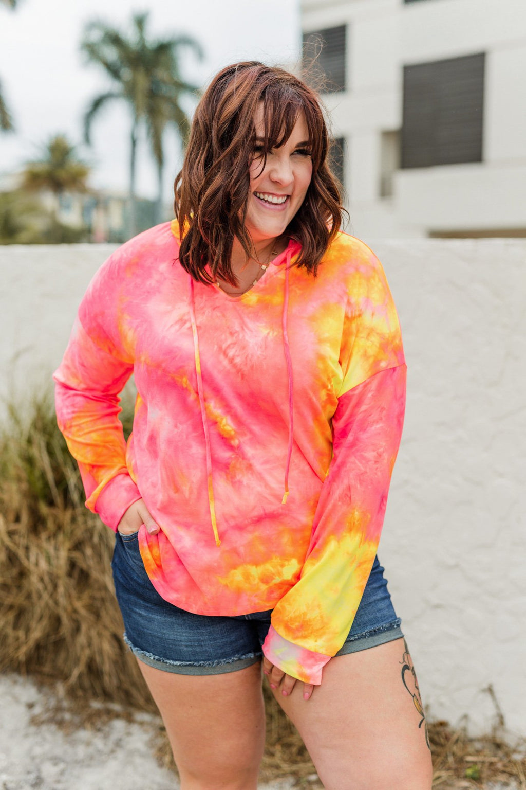 Shimmering Skies Drawstring Hoodie- Pink Yellow - Main Image