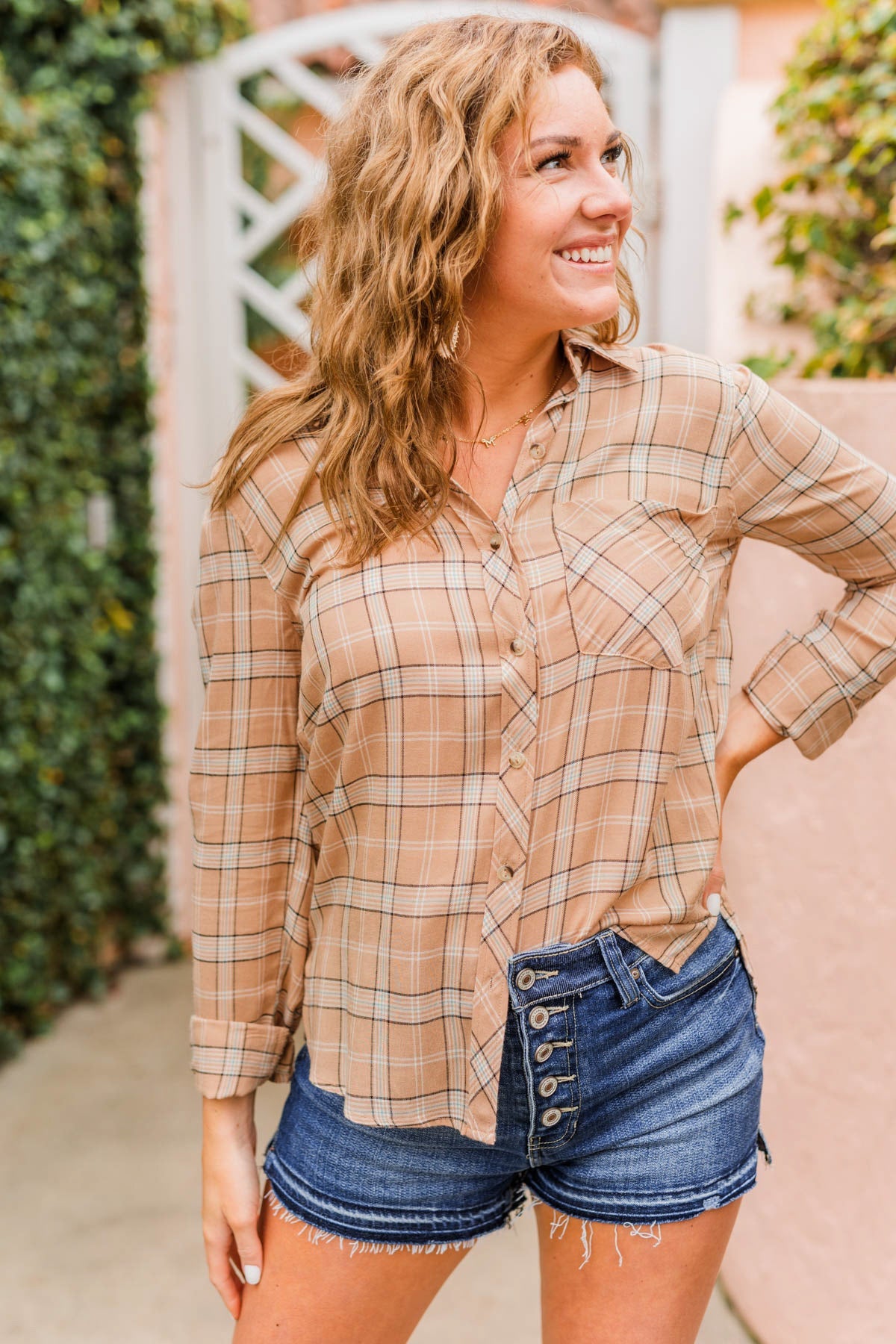 Holding Up My Own Plaid Top- Taupe