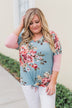 3/4 Sleeve Floral & Striped Tie Top- Antique Blue
