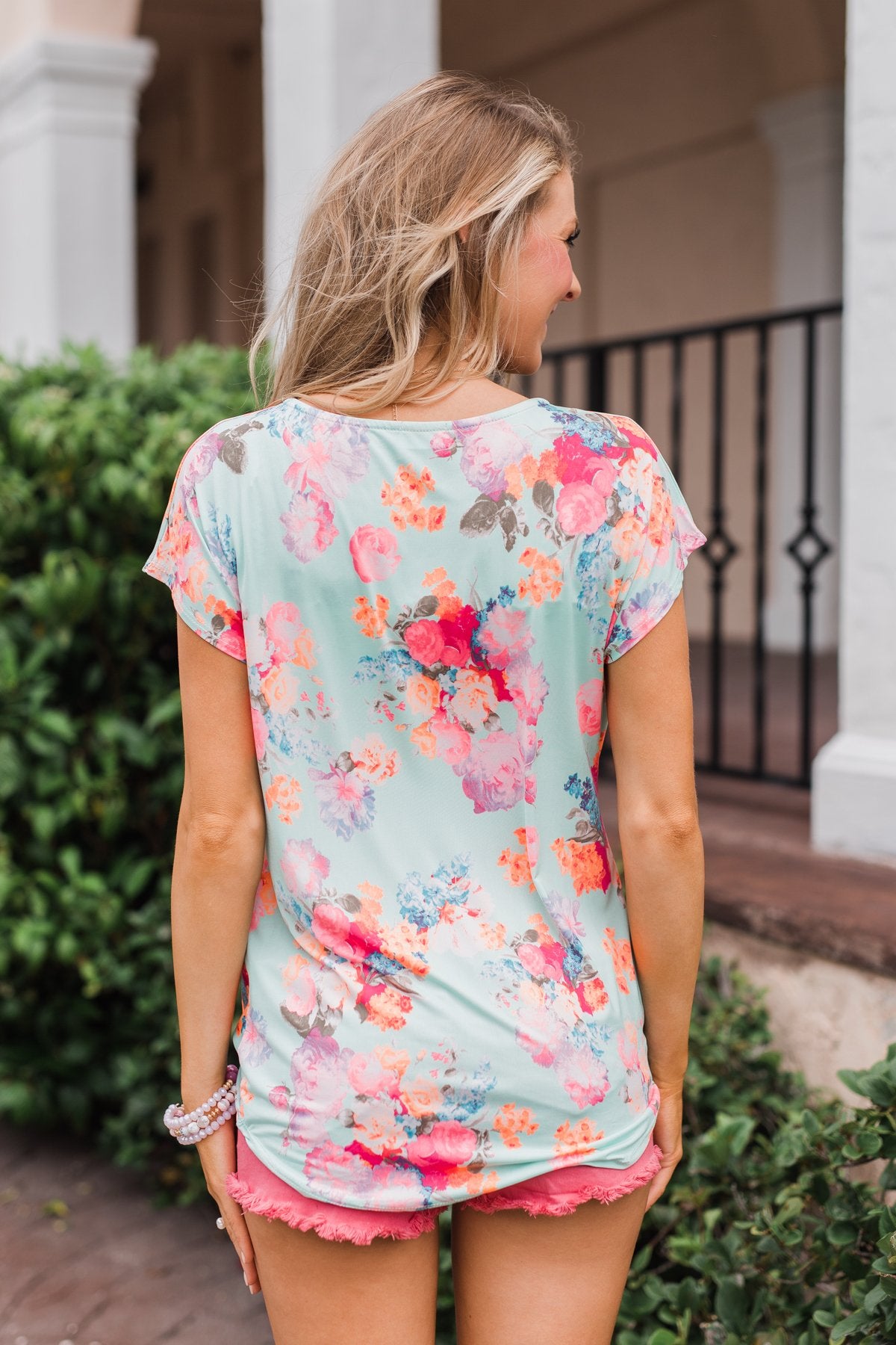 Coral Floral Knot Top- Mint