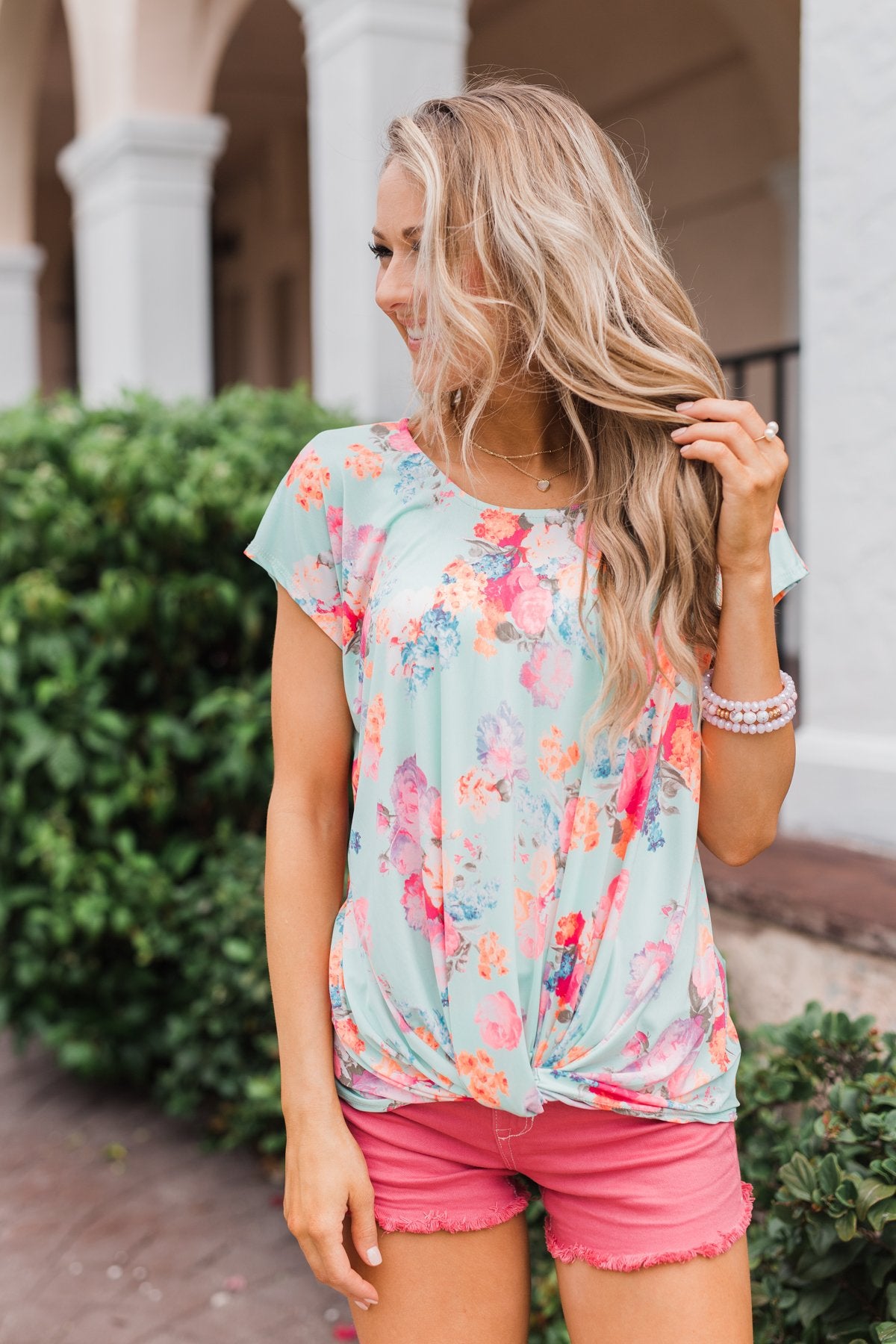 Coral Floral Knot Top- Mint