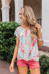 Coral Floral Knot Top- Mint