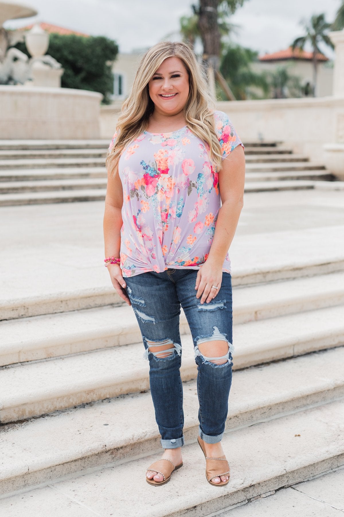 Coral Floral Knot Top- Lilac