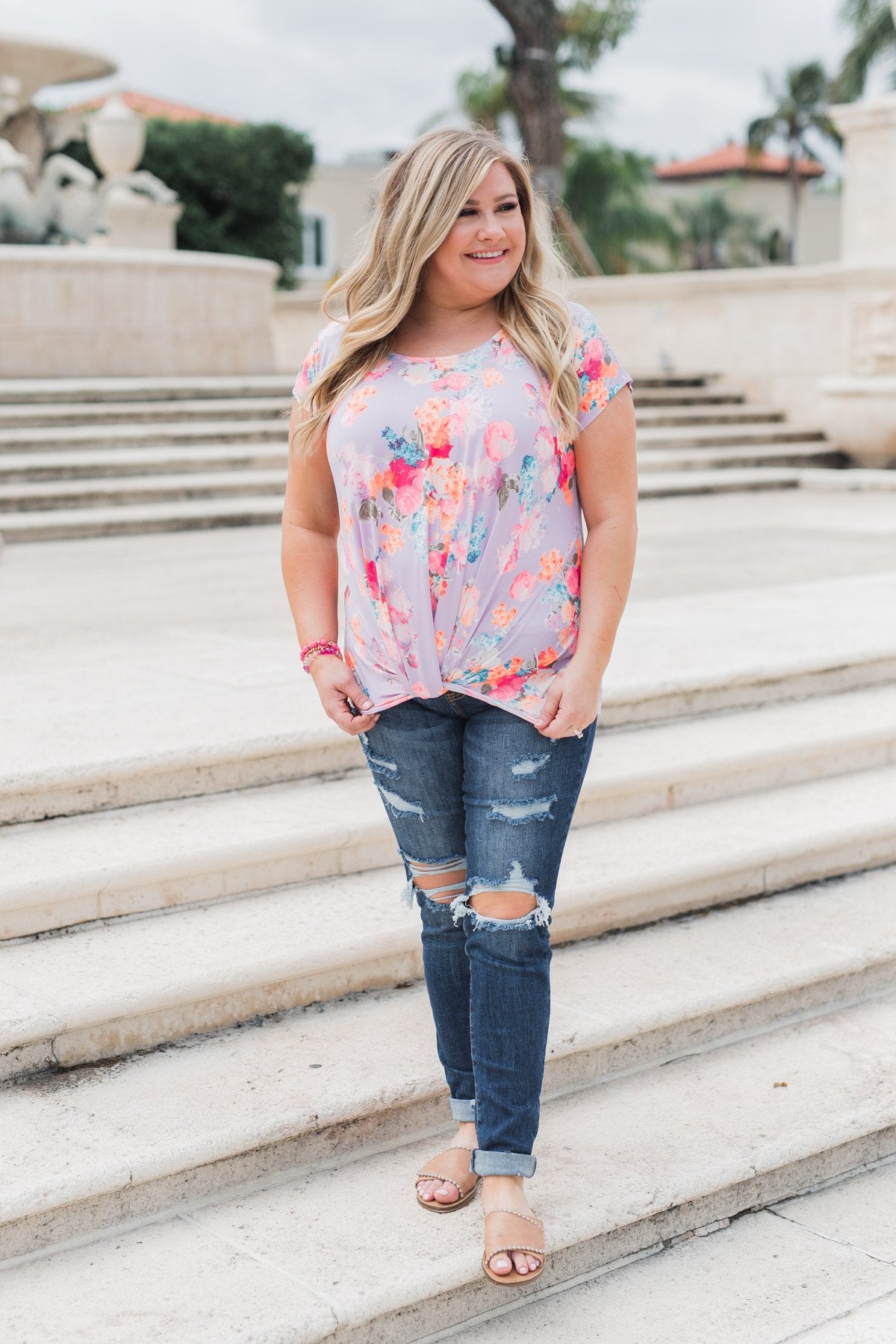 Coral Floral Knot Top- Lilac