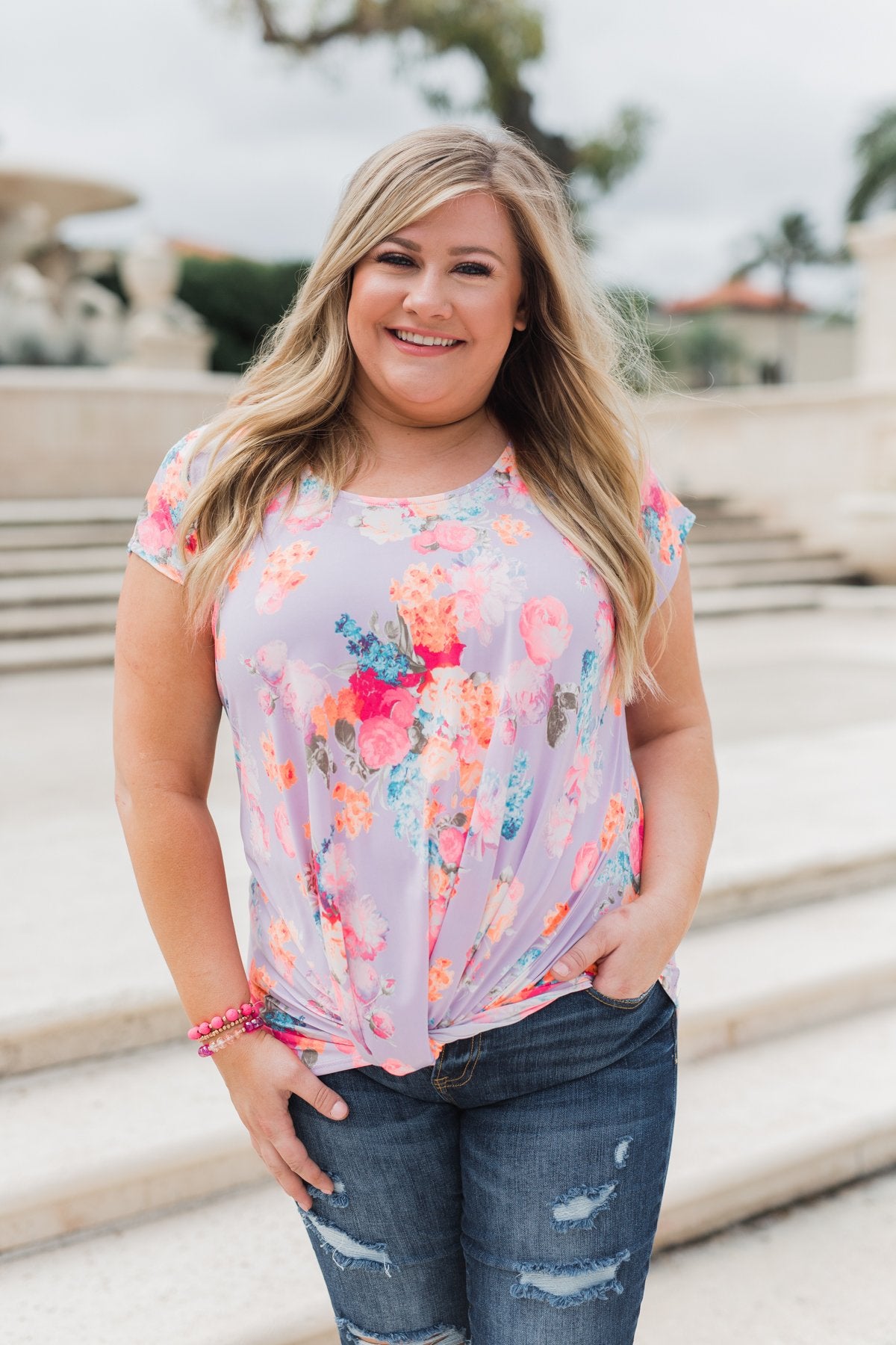 Coral Floral Knot Top- Lilac