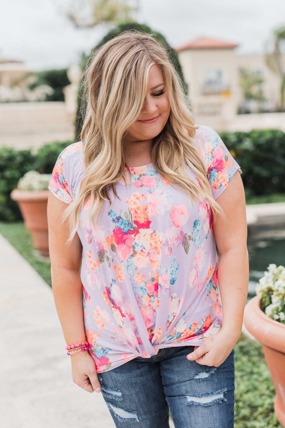 Coral Floral Knot Top- Lilac