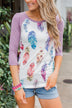 Aztec Feather 3/4 Sleeve Top- Lavender